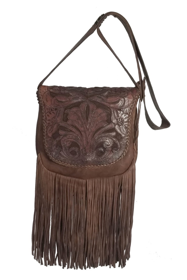 (image for) Inlaid Hand Tooled Fringed Leather Cross Body Shoulder Bag